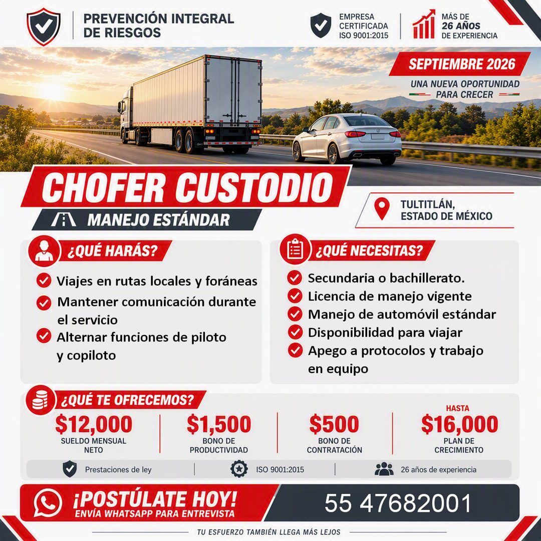 Banner del anuncio de la vacante: PREVENCIÓN INTEGRAL · DE RIESGOS · EMPRESA · CERTIFICADA · ISO 9001:2015 · MAS DE · 26 AÑOS · DE EXPERIENCIA · SEPTIEMBRE 2026 · UNA NUEVA O