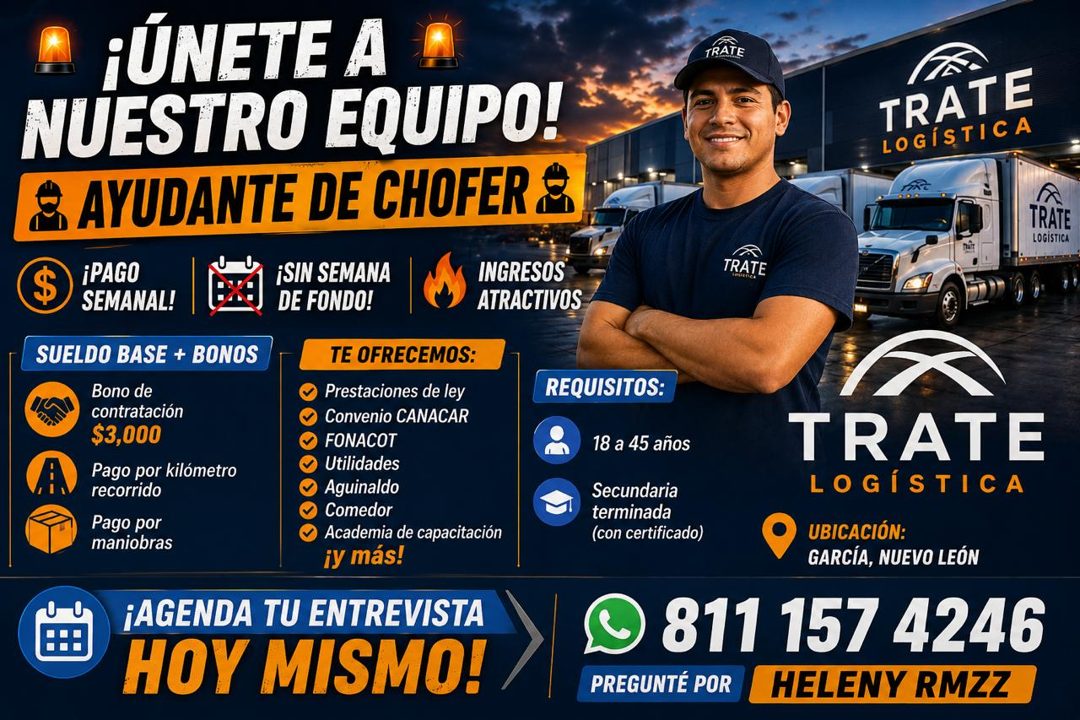 Banner del anuncio de la vacante: ¡ÚNETE A · NUESTRO EQUIPO! · 2 AYUDANTE DE CHOFER 3 · $ · ¡PAGO · SEMANAL! · ¡SIN SEMANA · DE FONDO! · INGRESOS · ATRACTIVOS · SUELDO BASE +