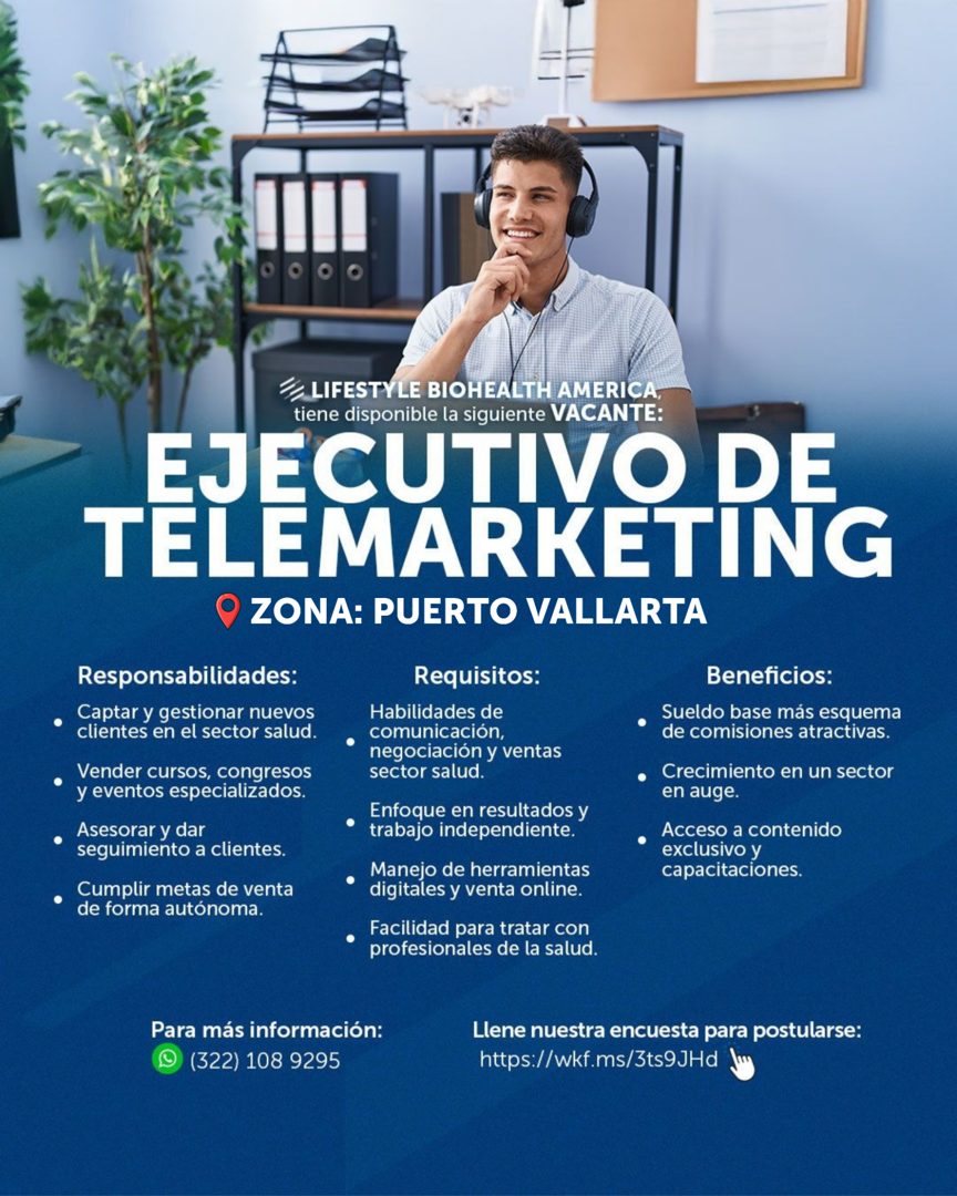 Banner del anuncio de la vacante: 7, LIFESTYLE BIOHEALTH AMERICA, · tiene disponible la siguiente VACANTE: · EJECUTIVO DE · TELEMARKETING · ZONA: PUERTO VALLARTA · Responsabi
