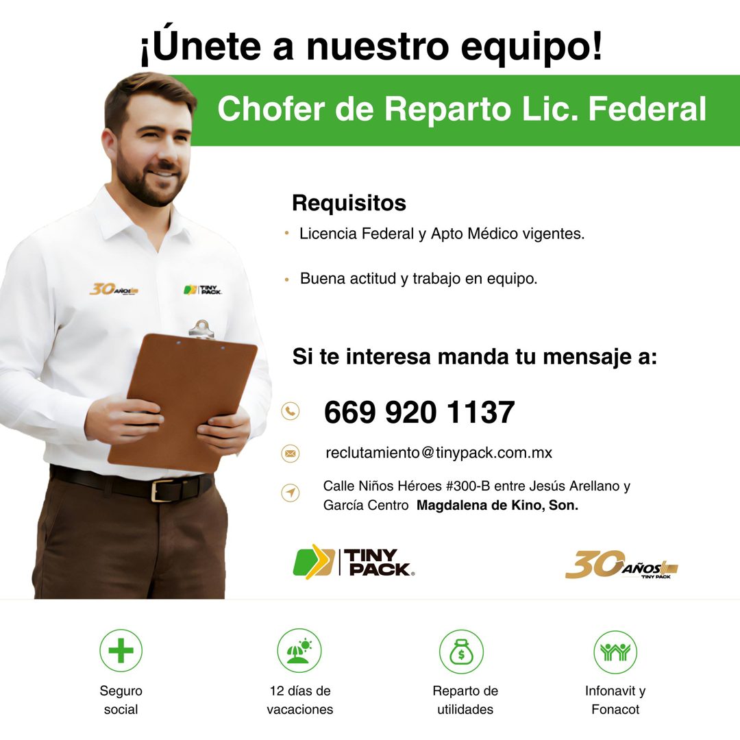 Banner del anuncio de la vacante: ¡Únete a nuestro equipo! · Chofer de Reparto Lic. Federal · Requisitos · • Licencia Federal y Apto Médico vigentes. · • Buena actitud y trab