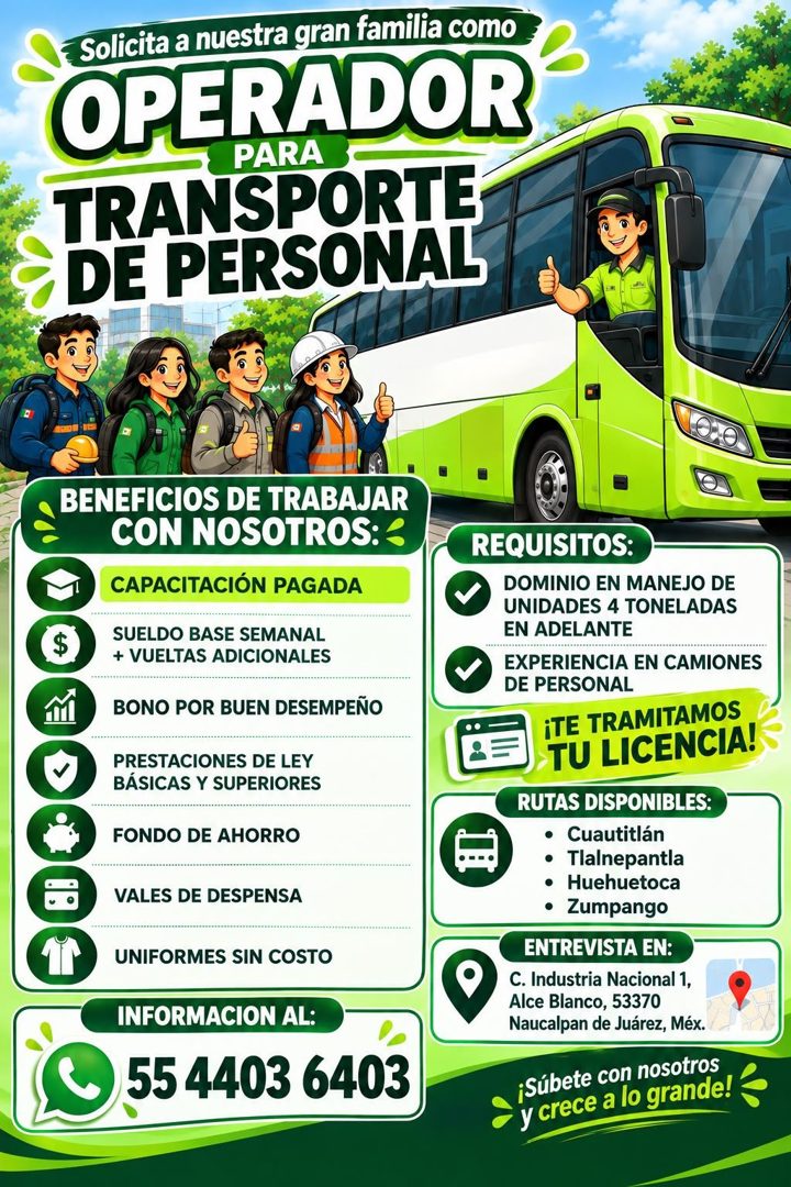 Banner del anuncio de la vacante: Solicita a nuestra gran familia como · OPERADOR · PARA · TRANSPORTE · DE PERSONAL · BENEFICIOS DE TRABAJAR · CON NOSOTROS: · CAPACITACIÓN PA
