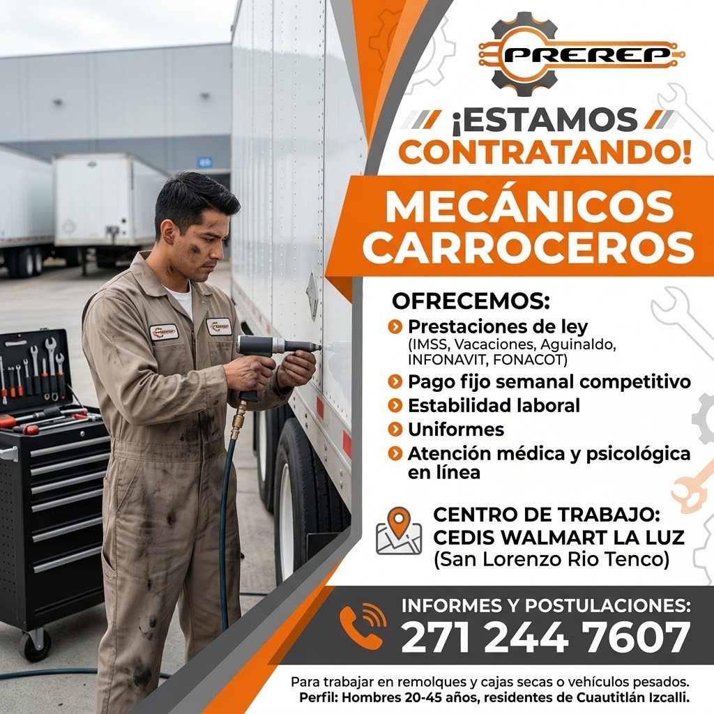 Banner del anuncio de la vacante: PREREP · - Tili · 00- · ¡ESTAMOS / · CONTRATANDO! · MECÁNICOS · CARROCEROS · OFRECEMOS: · • Prestaciones de ley · (IMSS, Vacaciones, Aguinal