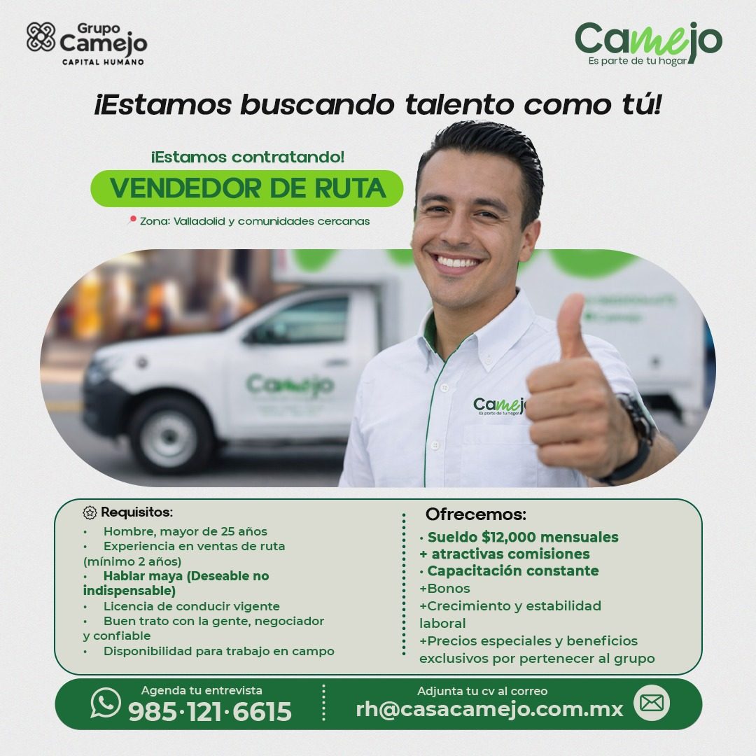 Banner del anuncio de la vacante: Grupo · Camejo · CAPITAL HUMANO · Camejo · Es parte de tu hogar · ¡Estamos buscando talento como tú! · ¡Estamos contratando! · VENDEDOR DE R