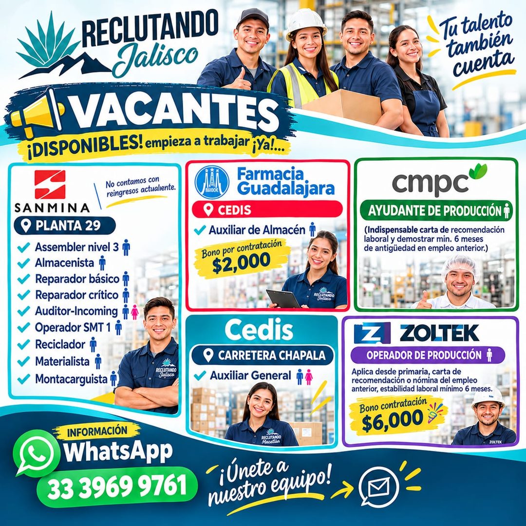 Banner del anuncio de la vacante: RECLUTANDO · Jalisco · I VACANTES · ¡DISPONIBLES! empieza a trabajar jYal... · No contamos con · Farmacia · reingresos actualiente. · Guadal