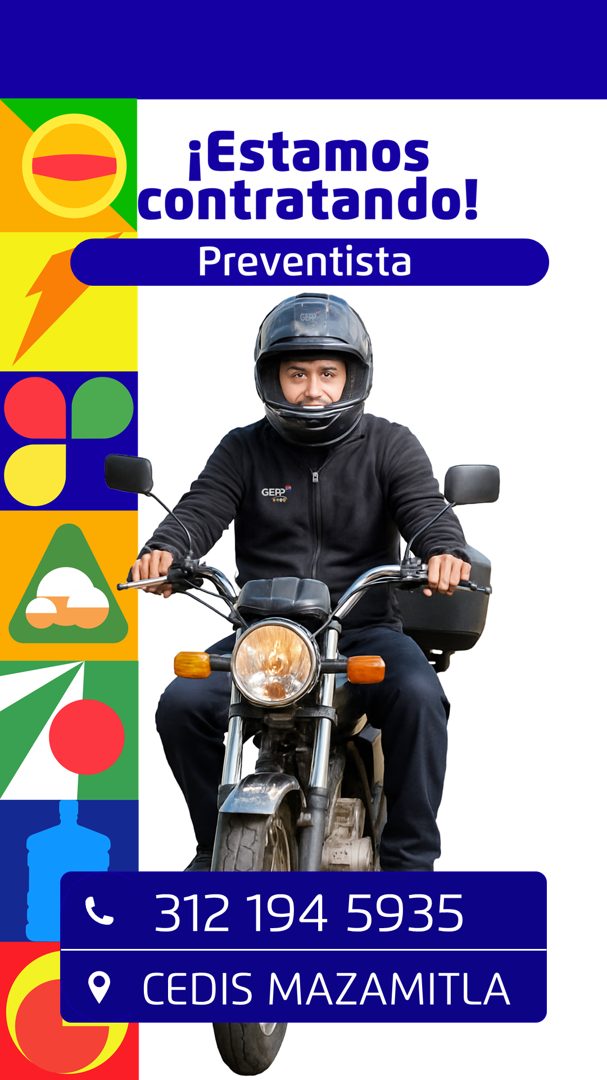 Banner del anuncio de la vacante: •Estamos · contratando! · Preventista · 312 194 5935 · • CEDIS MAZAMITLA