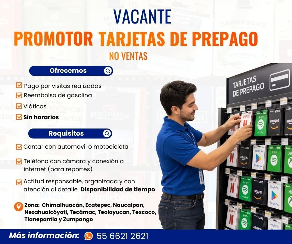 Banner del anuncio de la vacante: VACANTE · VARRASBO · PROMOTOR TARJETAS DE PREPAGO · NO VENTAS · Ofrecemos · Pago por visitas realizadas · Reembolso de gasolina · Viáticos ·