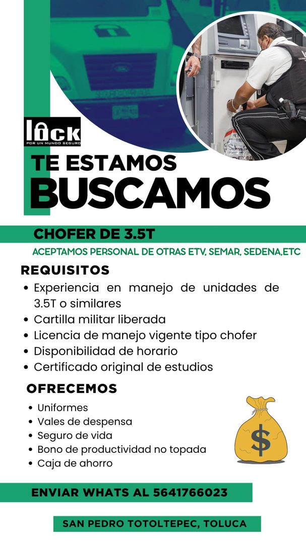 Banner del anuncio de la vacante: lAck · UNDO SEGURO · TE ESTAMOS · BUSCAMOS · CHOFER DE 3.5T · ACEPTAMOS PERSONAL DE OTRAS ETV. SEMAR, SEDENA,ETC · REQUISITOS · • Experienci