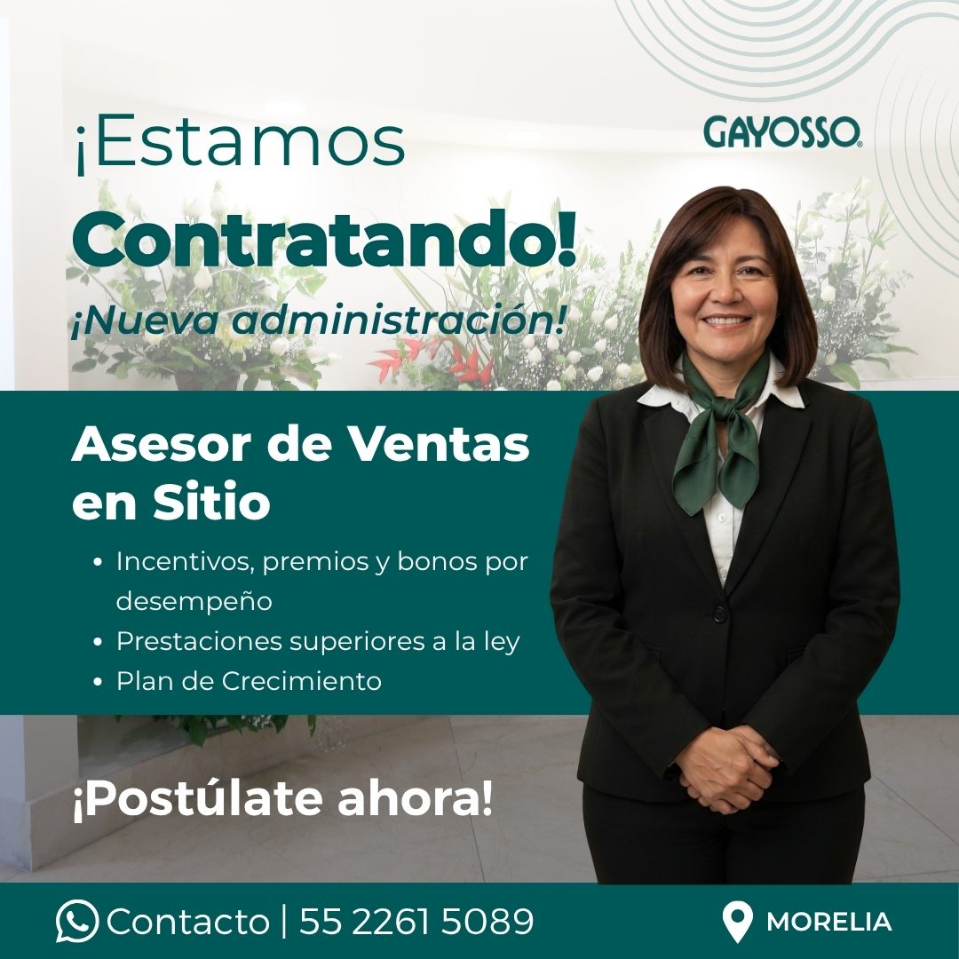 Banner del anuncio de la vacante: ¡Estamos · Contratando! · ¡Nueva administración! · Asesor de Ventas · en Sitio · • Incentivos, premios y bonos por · desempeño · • Prestacio