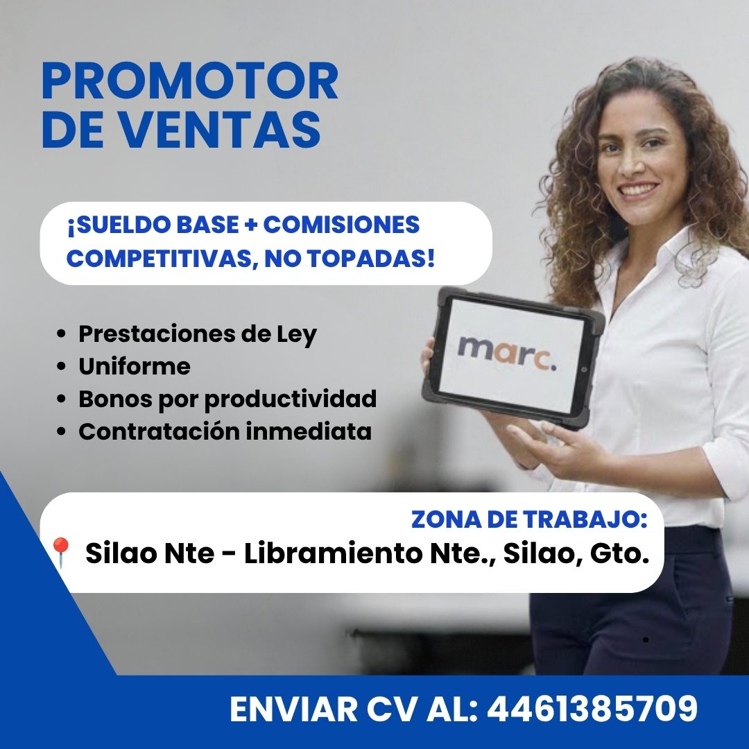 Banner del anuncio de la vacante: PROMOTOR · DE VENTAS · ¡SUELDO BASE + COMISIONES · COMPETITIVAS, NO TOPADAS! · • Prestaciones de Ley · • Uniforme · • Bonos por productivida