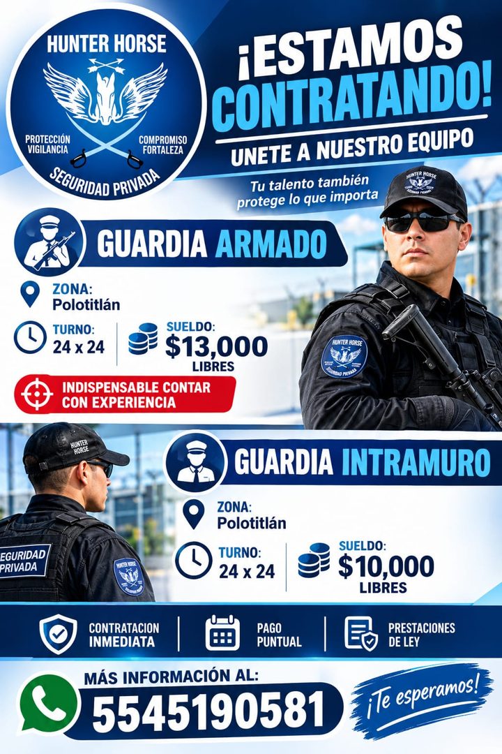 Banner del anuncio de la vacante: HUNTER HORSE · PROTECCIÓN · COMPROMISO · VIGILANCIA · FORTALEZA · SEGURIDAD PRIVADA · ¡ESTAMOS · CONTRATANDO! · UNETE A NUESTRO EQUIPO · Tu 