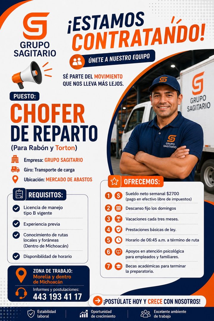 Banner del anuncio de la vacante: GRUPO · SAGITARIO · ¡ESTAMOS · CONTRATANDO! · ÚNETE A NUESTRO EQUIPO · SÉ PARTE DEL MOVIMIENTO · QUE NOS LLEVA MÁS LEJOS. · PUESTO: · CHOFER