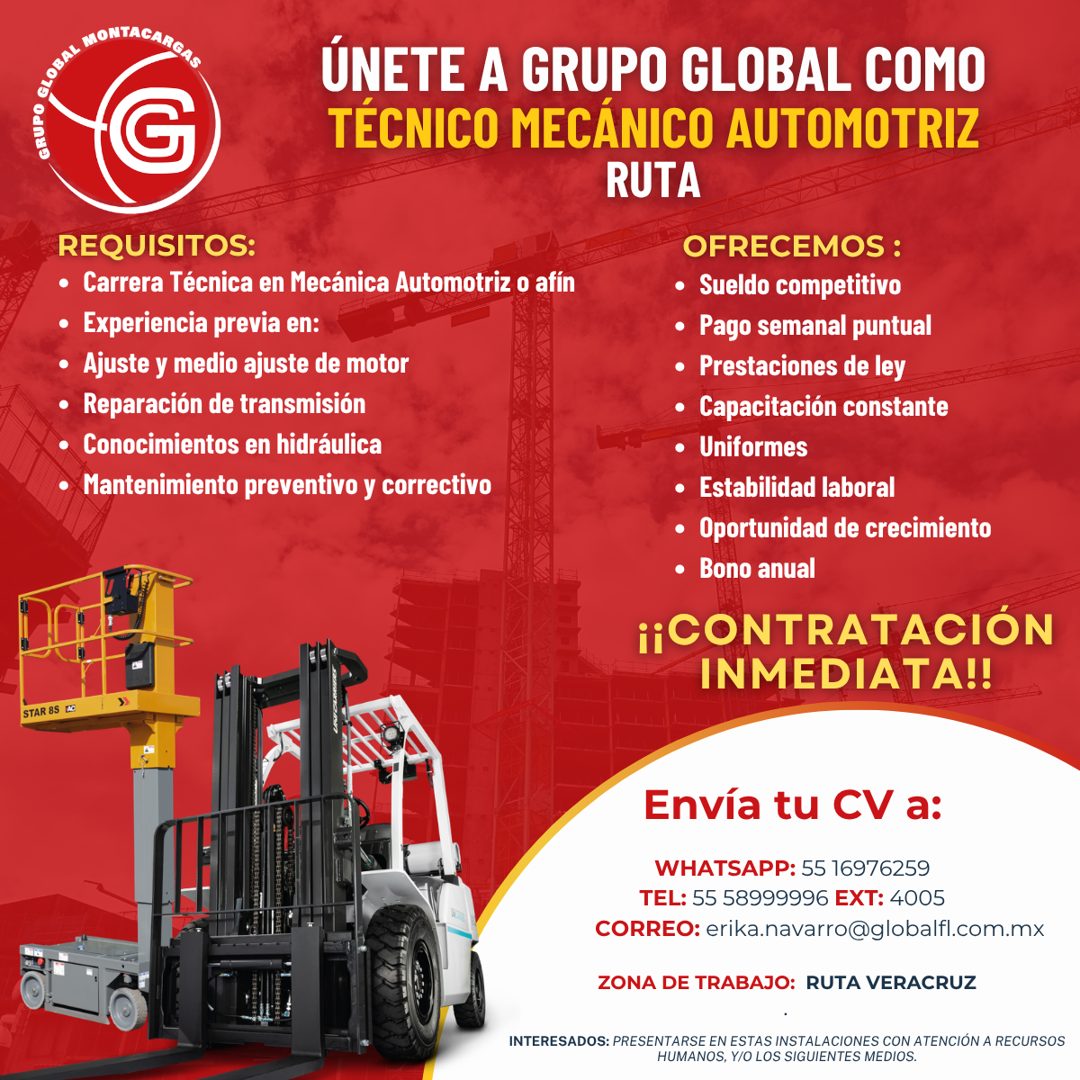 Banner del anuncio de la vacante: GRUPO · REQUISITOS: · • Carrera Técnica en Mecánica Automotriz o afín · • Experiencia previa en: · • Ajuste y medio ajuste de motor · • Repa