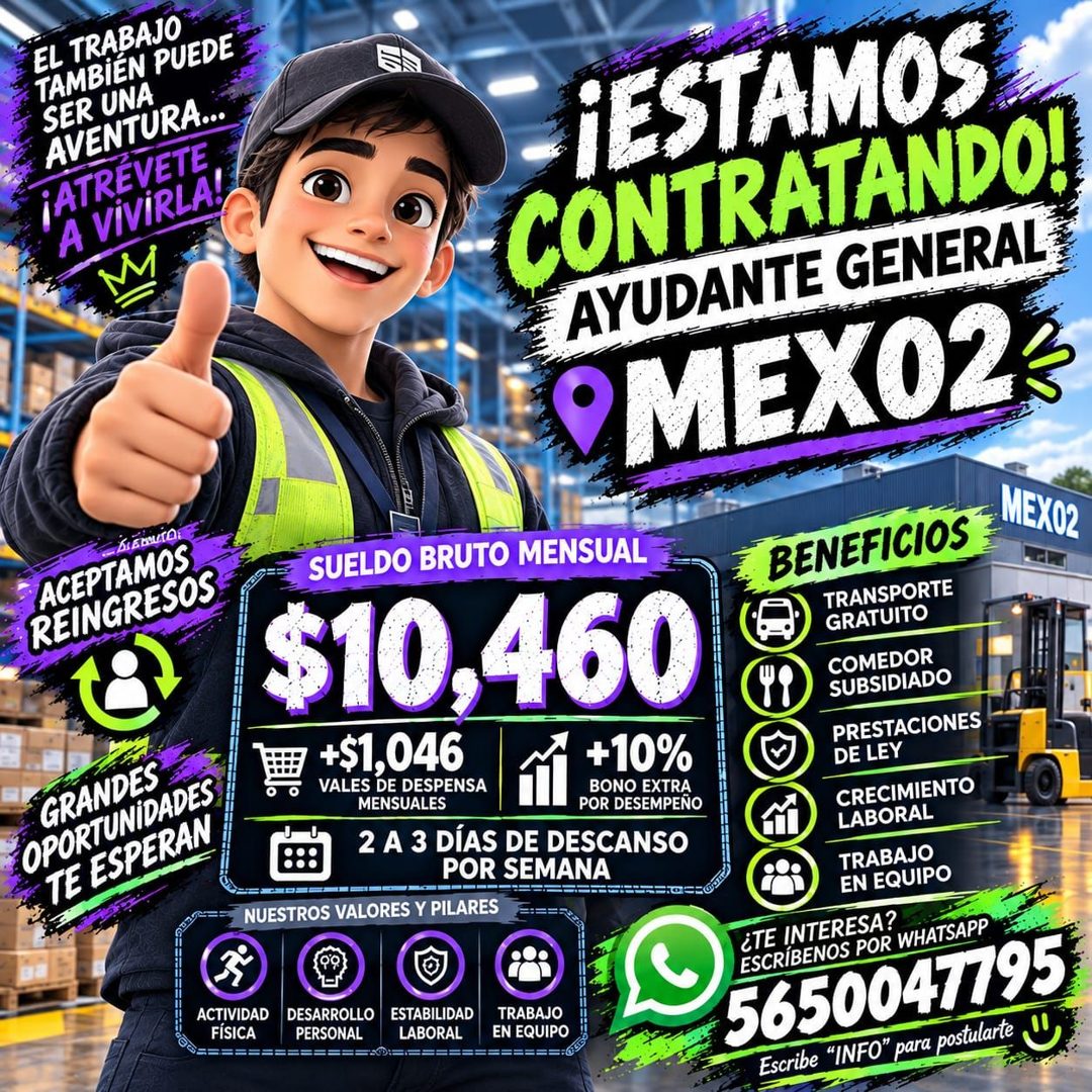 Banner del anuncio de la vacante: EL TRABAJO · TAMBIÉN PUEDE · SER UNA · AVENTURA... · ¡ATRÉVETE · A VIVIRLA! · ¡ESTAMOS · CONTRATANDO! · AYUDANTE GENERAL · QMEX02 · BLEBUTAE