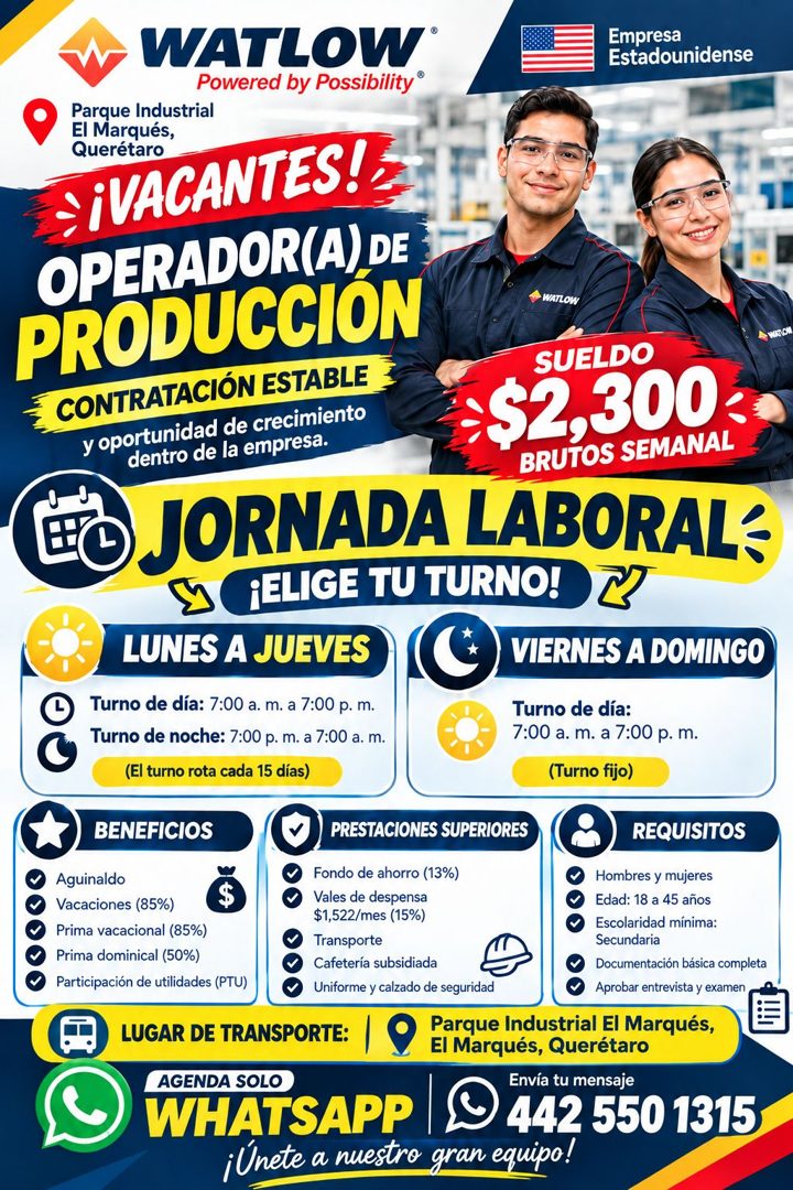 Banner del anuncio de la vacante: WATLOW® · Powered by Possibility® · Parque Industrial · El Marqués, · Querétaro · SiVACANTES! · OPERADOR(A) DE · PRODUCCIÓN · CONTRATACIÓN E