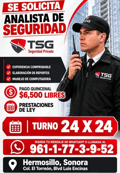 Banner del anuncio de la vacante: SE SOLICITA · ANALISTA DE · SEGURIDAD · TSG · Seguridad Privada · 5G · EXPERIENCIA COMPROBABLE · ELABORACIÓN DE REPORTES · MANEJO DE COMPUTA