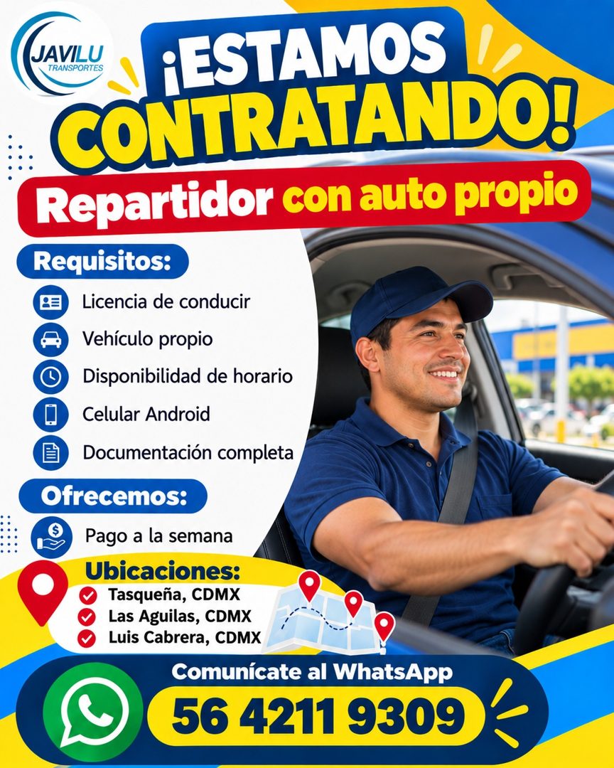 Banner del anuncio de la vacante: JAVILU · TRANSPORTES · ¡ESTAMOS · CONTRATANDO! · Repartidor con auto propio · Requisitos: · Licencia de conducir · Vehículo propio · Disponi