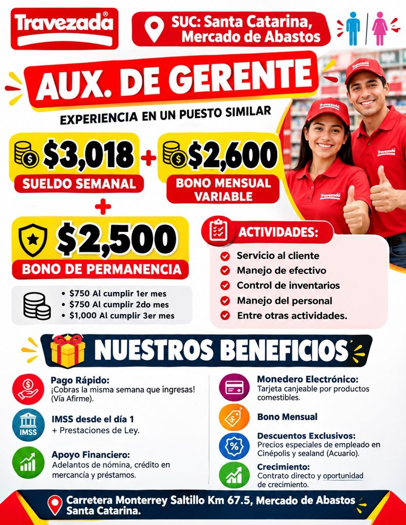 Banner del anuncio de la vacante: Travezada · SUC: Santa Catarina, · Mercado de Abastos · AUX. DE GERENTE · EXPERIENCIA EN UN PUESTO SIMILAR · Trave cad · $3,018 + 0$2,600 · 