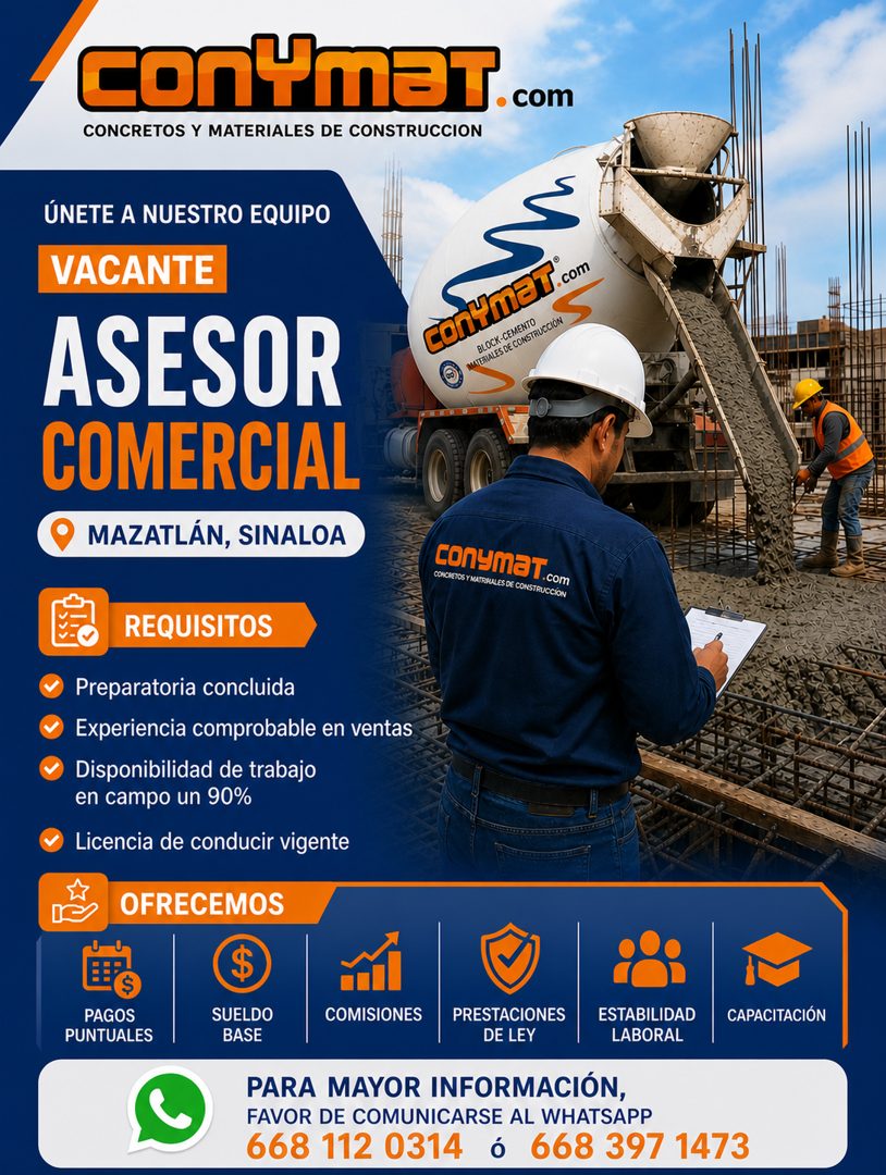 Banner del anuncio de la vacante: conYmaT.com · CONCRETOS Y MATERIALES DE CONSTRUCCION · ÚNETE A NUESTRO EQUIPO · VACANTE · ASESOR · COMERCIAL · MAZATLÁN, SINALOA · Càn HmaT.