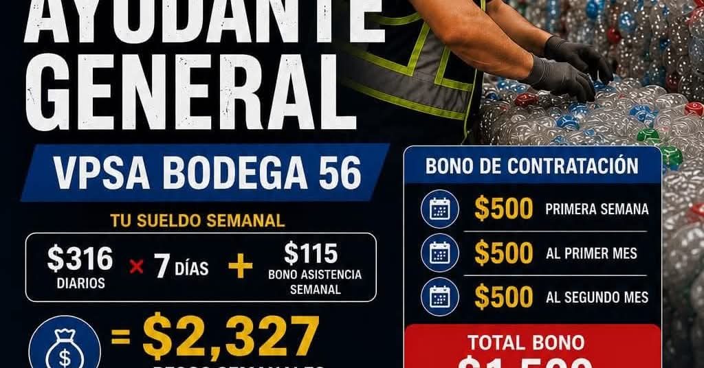 Banner del anuncio de la vacante: ATUVANIL · GENERAL · VPSA BODEGA 56 · TU SUELDO SEMANAL · $316 x 7 DíAS + · $115 · BONO ASISTENCIA · DIARIOS · SEMANAL · = $2,327 · BONO DE 
