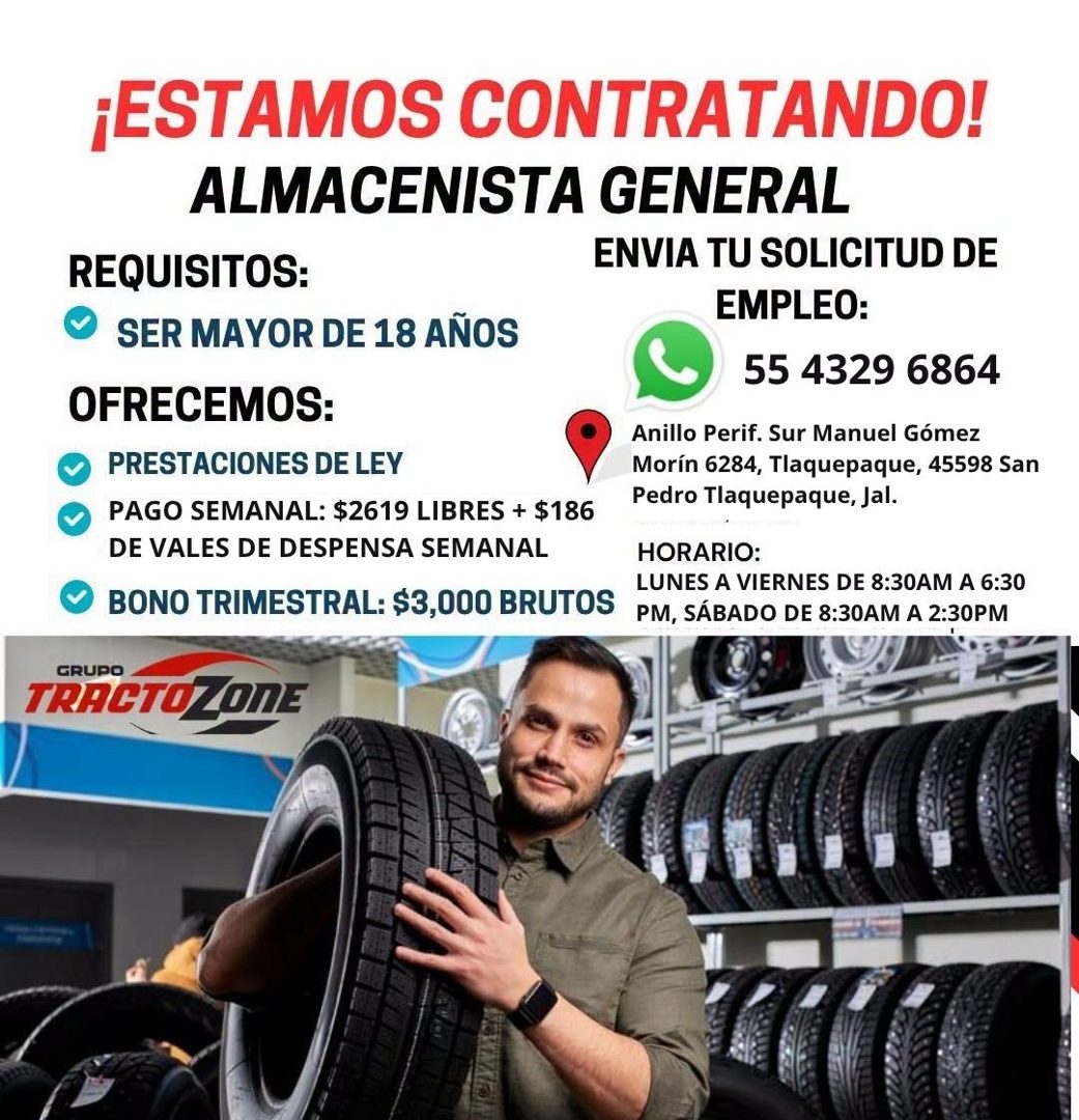 Banner del anuncio de la vacante: ¡ESTAMOS CONTRATANDO! · ALMACENISTA GENERAL · REQUISITOS: · •SER MAYOR DE 18 AÑOS · ENVIA TU SOLICITUD DE · EMPLEO: · 55 4329 6864 · OFRECEM