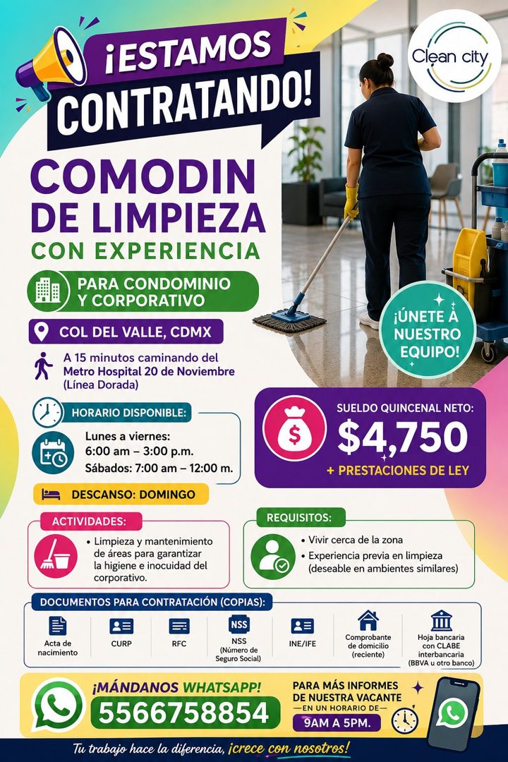 Banner del anuncio de la vacante: ¡ESTAMOS · CONTRATANDO! · Clẹan city · COMODIN · DE LIMPIEZA · CON EXPERIENCIA · PARA CONDOMINIO · Y CORPORATIVO · COL DEL VALLE, CDMX · ¡ÚN