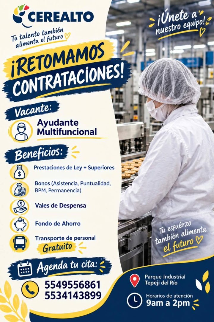 Banner del anuncio de la vacante: CEREALTO · Tu talento también · alimenta el futuro · ¡RETOMAMOS · CONTRATACIONES! · Vacante: · Ayudante · Multifuncional · Beneficios: · Pre