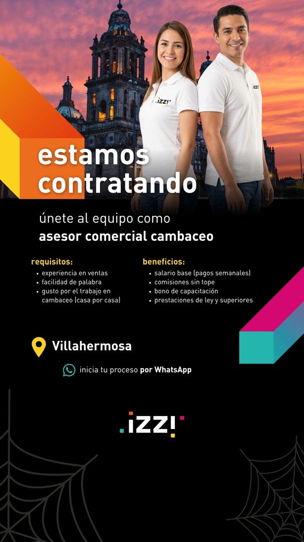 Banner del anuncio de la vacante: 1Z2! · IZZ!* · estamos · contratando · únete al equipo como · asesor comercial cambaceo · requisitos: · • experiencia en ventas · • facilida