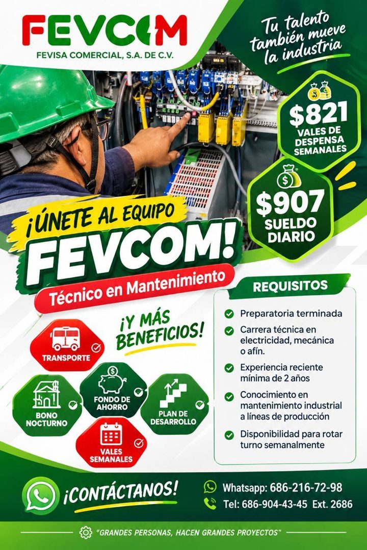 Banner del anuncio de la vacante: FEVCIM · FEVISA COMERCIAL, S.A. DE C.V. · Tu talento · también mueve · la industria · $821 · VALES DE · DESPENSA · SEMANALES · ¡ÚNETE AL EQU