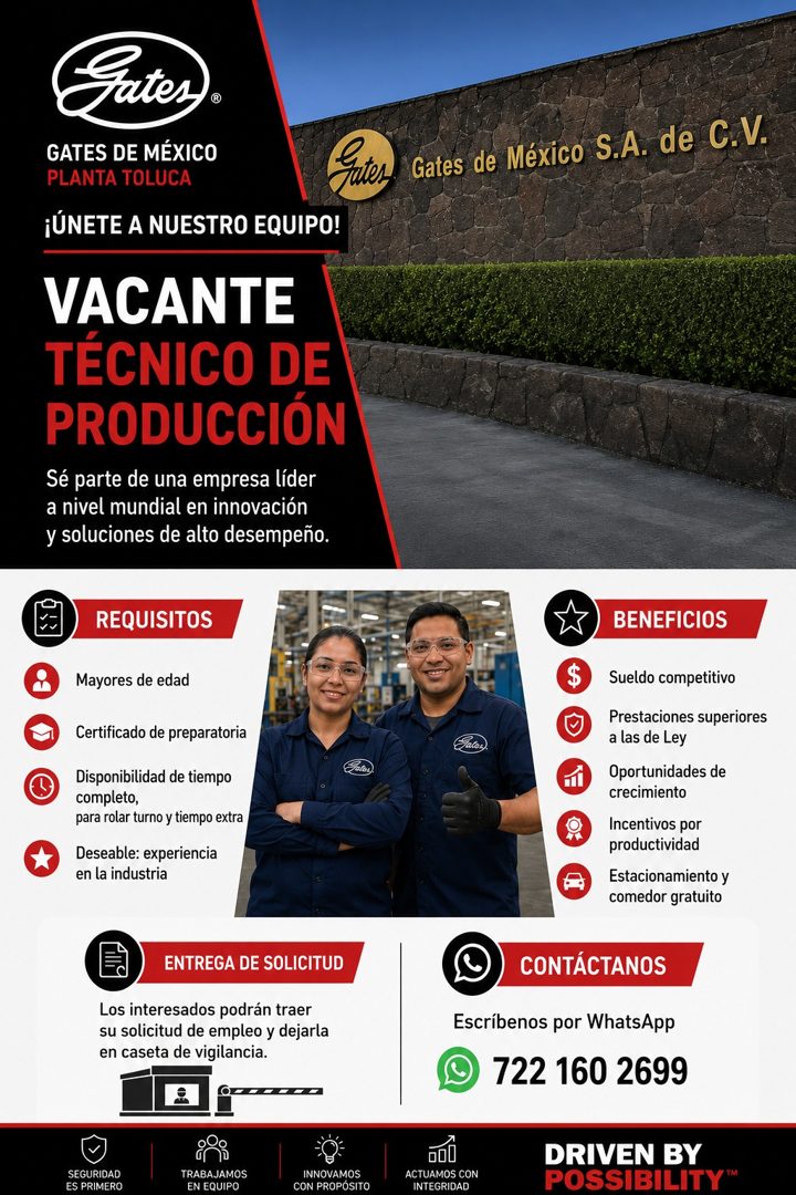 Banner del anuncio de la vacante: Gates). · GATES DE MÉXICO · PLANTA TOLUCA · ¡ÚNETE A NUESTRO EQUIPO! · VACANTE · TÉCNICO DE · PRODUCCIÓN · Sé parte de una empresa líder · a
