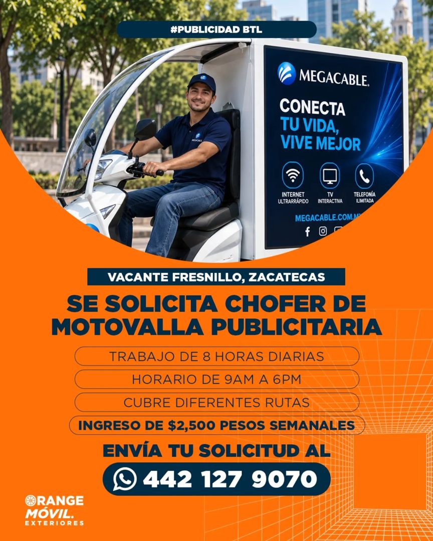 Banner del anuncio de la vacante: #PUBLICIDAD BTL · MEGACABLE. · CONECTA · TU VIDA, · VIVE MEJOR · INTERNET · ULTRARRÁPIDO · TV · INTERACTIVA · MEGACABLE.COM.MJ · f · TELEFON