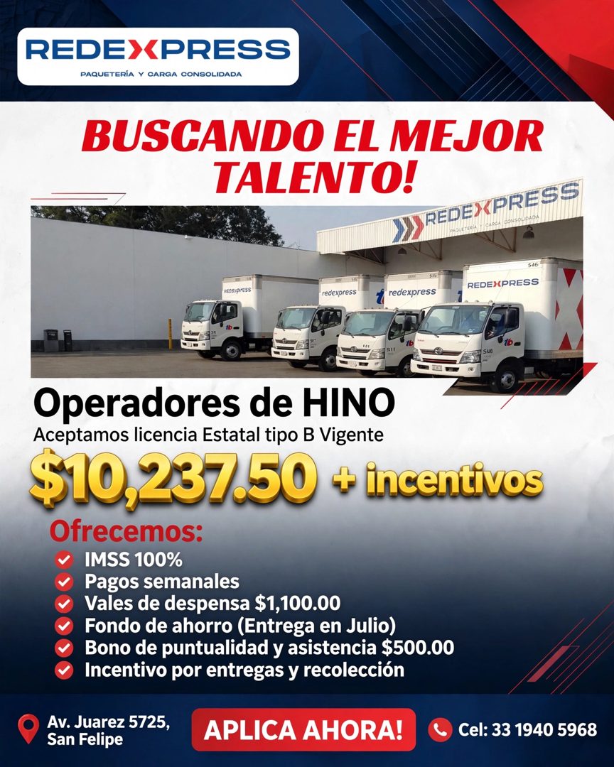 Banner del anuncio de la vacante: REDEXPRESS · PAQUETERÍA Y CARGA CONSOLIDADA · BUSCANDO EL MEJOR · TALENTO! · REDEXPRESS · PAQUETERÍA Y CARGA CONSOLIDADA · 546 · REDEXPRESS 