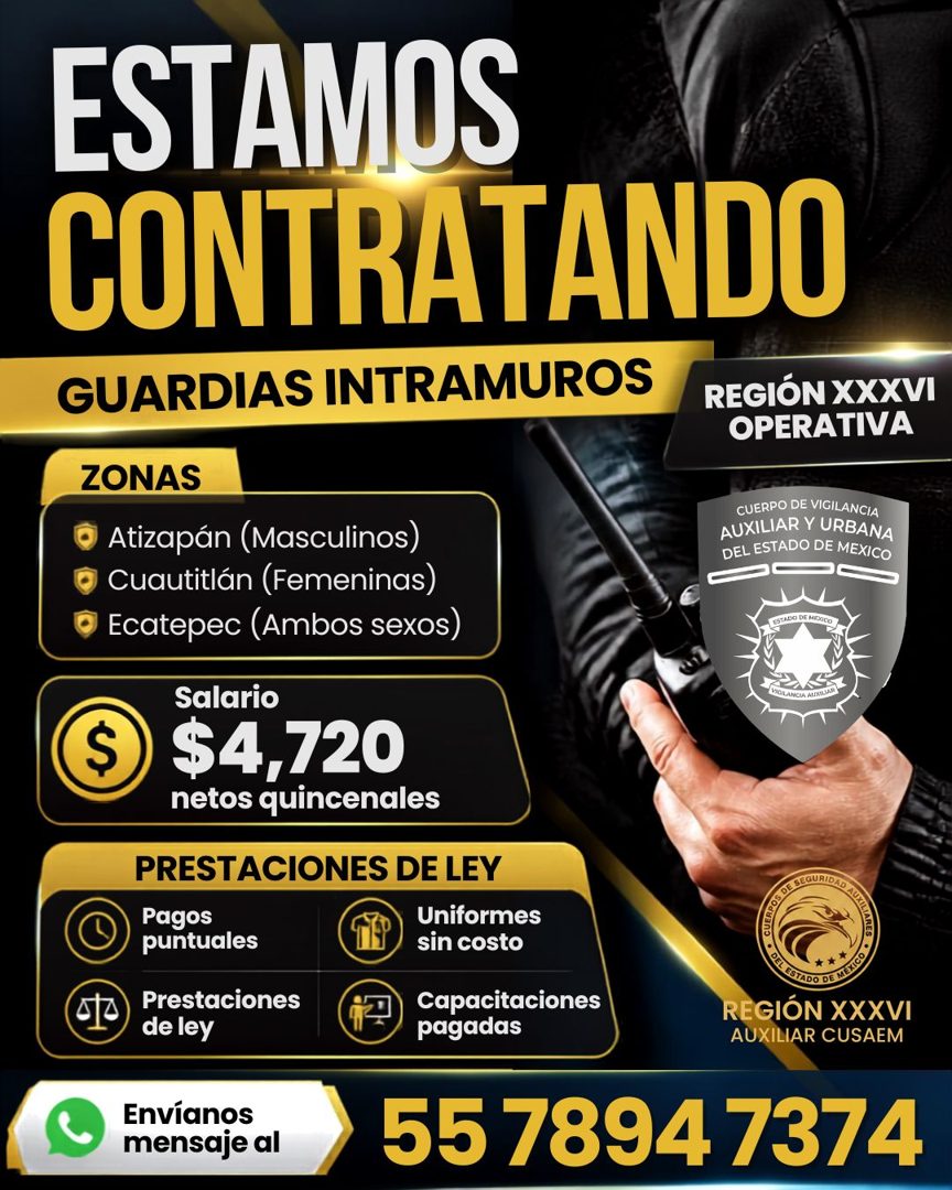 Banner del anuncio de la vacante: ESTAMOS · CONTRATANDO · GUARDIAS INTRAMUROS · REGIÓN XXXVI · OPERATIVA · ZONAS · Atizapán (Masculinos) · Cuautitlán (Femeninas) · Ecatepec (