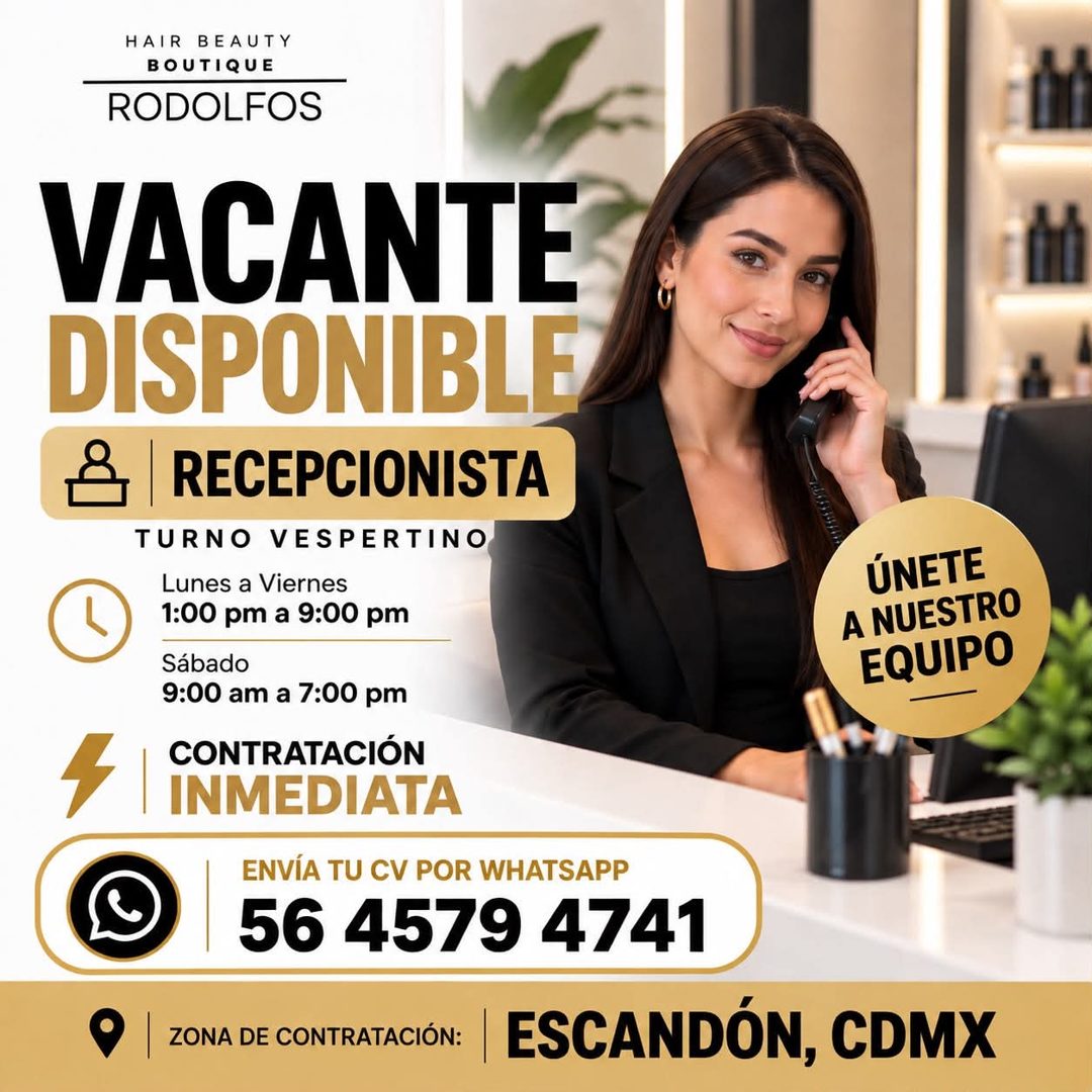 Banner del anuncio de la vacante: HAIR BEAUTY · BOUTIQUE · RODOLFOS · VACANTE · DISPONIBLE · RECEPCIONISTA · TURNO VESPERTINO · Lunes a Viernes · 1:00 pm a 9:00 pm · Sábado ·