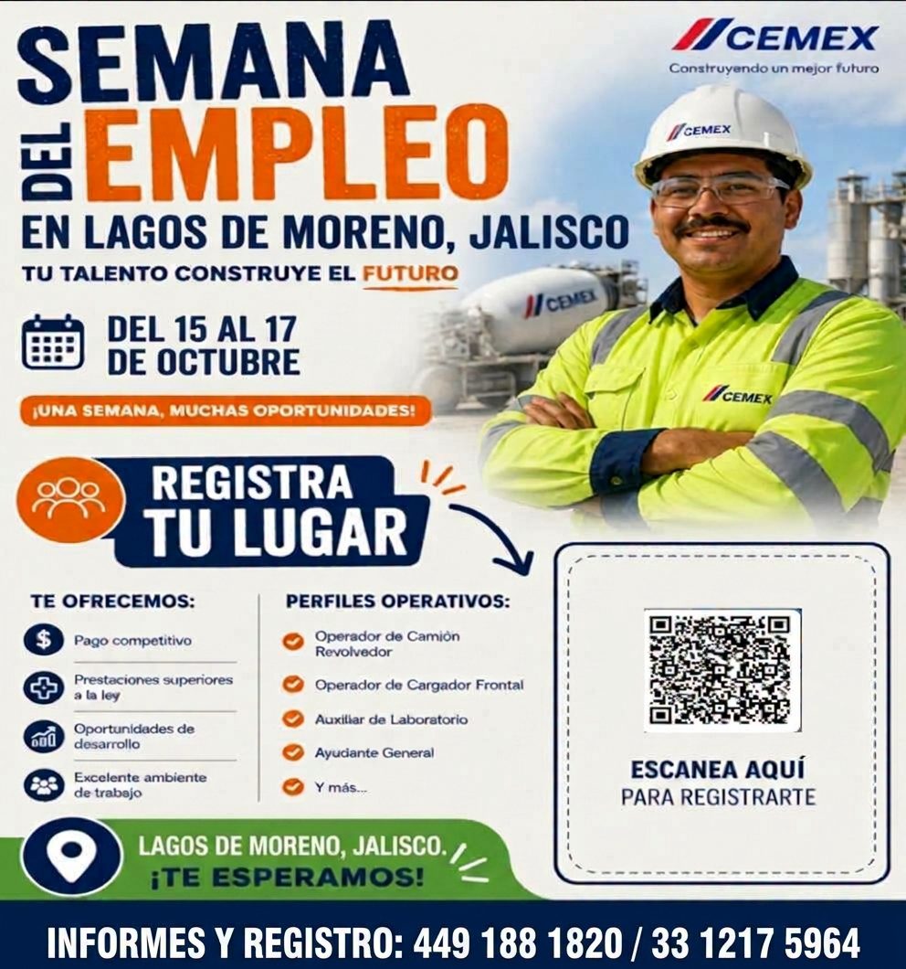 Banner del anuncio de la vacante: SEMANA · EMPLEO · EN LAGOS DE MORENO, JALISCO · TU TALENTO CONSTRUYE EL FUTURO · I/ CENE · DEL 15 AL 17 · DE OCTUBRE · JUNA SEMANA, MUCHAS O