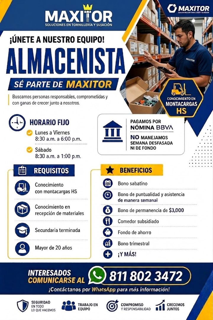 Banner del anuncio de la vacante: MAXITOR · MAXITOR · SOLUCIONES EN TORNILLERÍA Y SUJACIÓN · ¡ÚNETE A NUESTRO EQUIPO! · ALMACENISTA · SÉ PARTE DE MAXITOR · Buscamos personas 