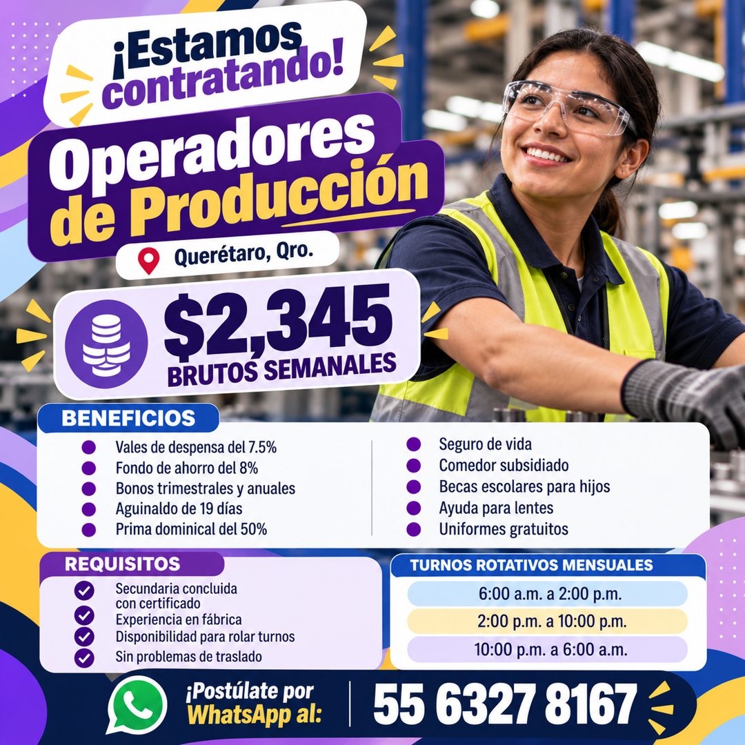 Banner del anuncio de la vacante: ¡Estamos · contratando! · Operadores · de Producción · Querétaro, Qro. · $2,345 · BRUTOS SEMANALES · BENEFICIOS · Vales de despensa del 7.5%