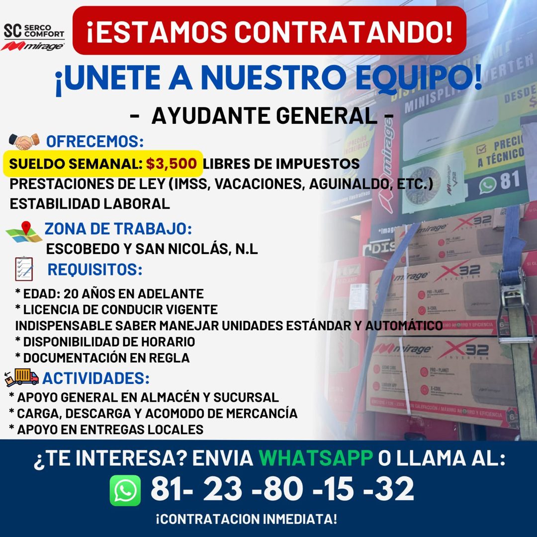 Banner del anuncio de la vacante: SC SOMFORT · mirage · ¡ESTAMOS CONTRATANDO! · ¡UNETE A NUESTRO EQUIPO! ANTEN · - AYUDANTE GENERAL · OFRECEMOS: · HEGIOS · SUELDO SEMANAL: $3
