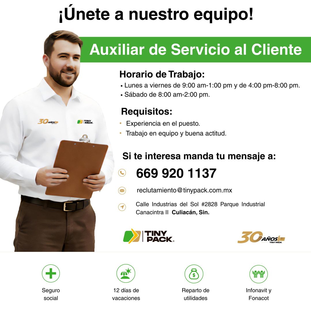 Banner del anuncio de la vacante: ¡Únete a nuestro equipo! · Auxiliar de Servicio al Cliente · I BACK · Horario de Trabajo: · • Lunes a viernes de 9:00 am-1:00 pm y de 4:00 p