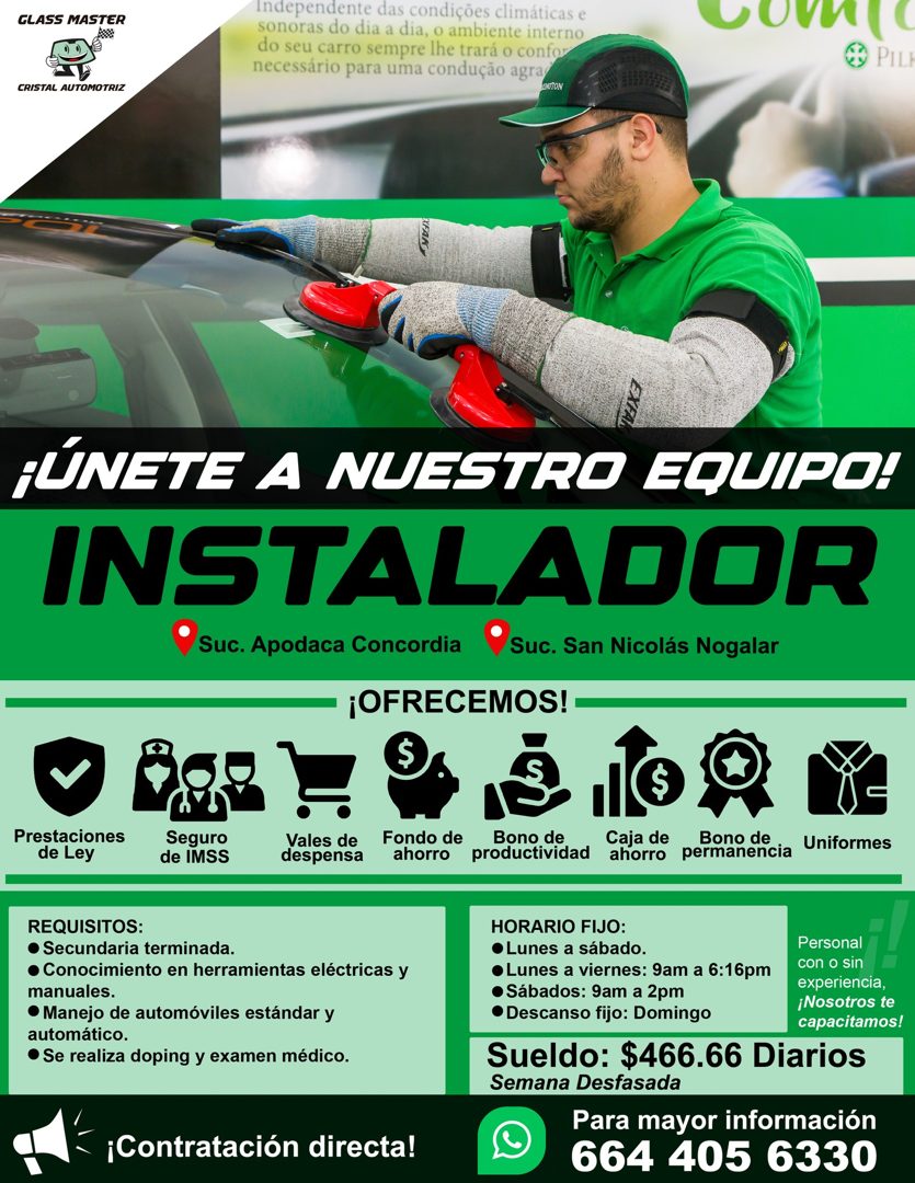 Banner del anuncio de la vacante: GLASS MASTER · CRISTAL AUTOMOTRIZ · Independente das condições climáticas e · sonoras do dia a dia, o ambiente interno · do seu carro sempre