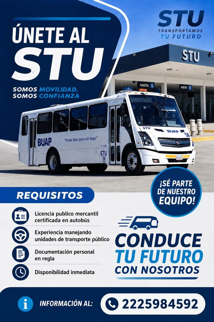 Banner del anuncio de la vacante: ÚNETE AL · STU · SOMOS MOVILIDAD, · SOMOS CONFIANZA · STU · TRANSPORTAMOS · TU FUTURO · STU · ANDEN · 6 · ANDEN · 5 · STU · BUAP V · BUAP · 