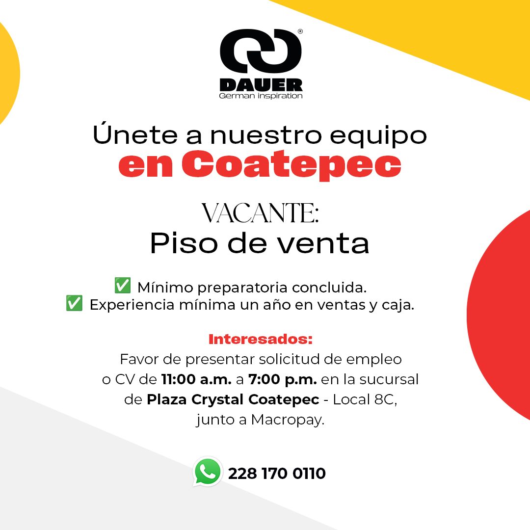 Banner del anuncio de la vacante: German inspiration · Unete a nuestro equipo · en Coatepec · VACANTE: · Piso de venta · V Mínimo preparatoria concluida. · V Experiencia míni