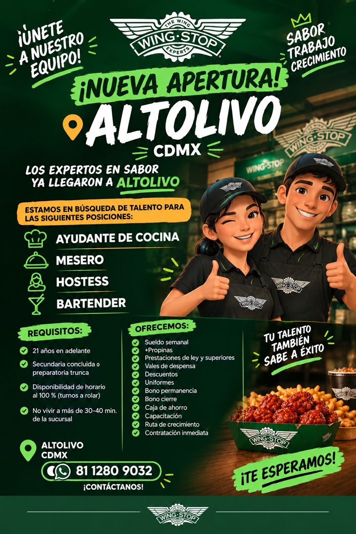 Banner del anuncio de la vacante: TUNETE · = A NUESTRO. · WIN · NING STOS · EXPERTS · SABOR · EQUIPO! · TRABAJO · CRECIMIENTO · ¡NUEVA APERTURA!' · ALTOLIVO · С STOP · = CDMX