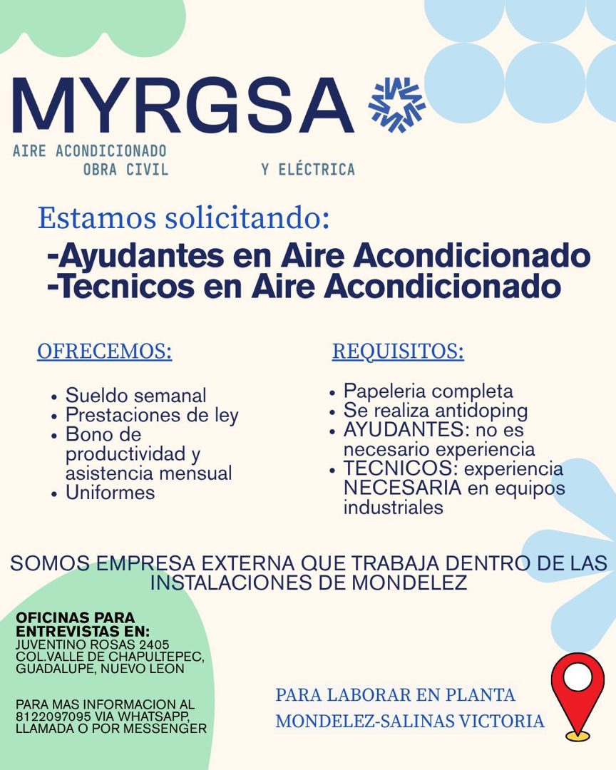 Banner del anuncio de la vacante: MYRGSA · AIRE ACONDICIONADO · OBRA CIVIL · Y ELÉCTRICA · Estamos solicitando: · -Ayudantes en Aire Acondicionado · -Tecnicos en Aire Acondic