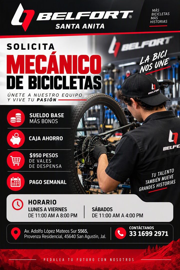 Banner del anuncio de la vacante: BELFORT® · SANTA ANITA · MAS · BICICLETAS · MAS · HISTORIAS · SOLICITA · MECÁNICO · DE BICICLETAS · ÚNETE A NUESTRO EQUIPO · Y VIVE TU PASIÓ