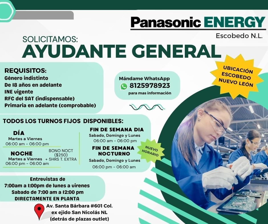 Banner del anuncio de la vacante: Panasonic ENERGY · Escobedo N.L. · SOLICITAMOS: · AYUDANTE GENERAL · REQUISITOS: · Género indistinto · De 18 años en adelante · INE vigente 