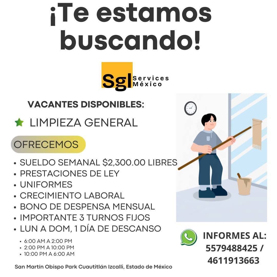 Banner del anuncio de la vacante: ¡Te estamos · buscando! · SE Mexice · lexIc · VACANTES DISPONIBLES: · LIMPIEZA GENERAL · OFRECEMOS · • SUELDO SEMANAL $2,300.00 LIBRES · • P