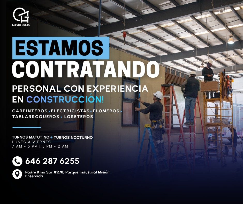 Banner del anuncio de la vacante: CLEVER BUILDS · ESTAMOS · CONTRATANDO · PERSONAL CON EXPERIENCIA · EN CONSTRUCCION! · CARPINTEROS • ELETRICISTAS• PLOMEROS. · TABLARROQUEROS