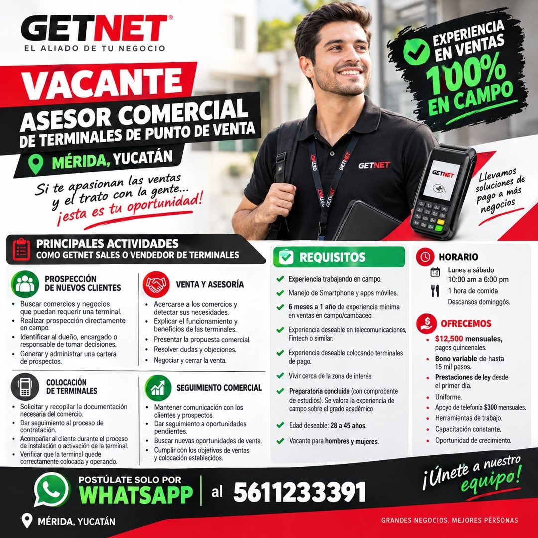 Banner del anuncio de la vacante: GETNET® · EL ALIADO DE TU NEGOCIO · VACANTE · ASESOR COMERCIAL · DE TERMINALES DE PUNTO DE VENTA · MÉRIDA, YUCATÁN · GETNET · Si te apasiona