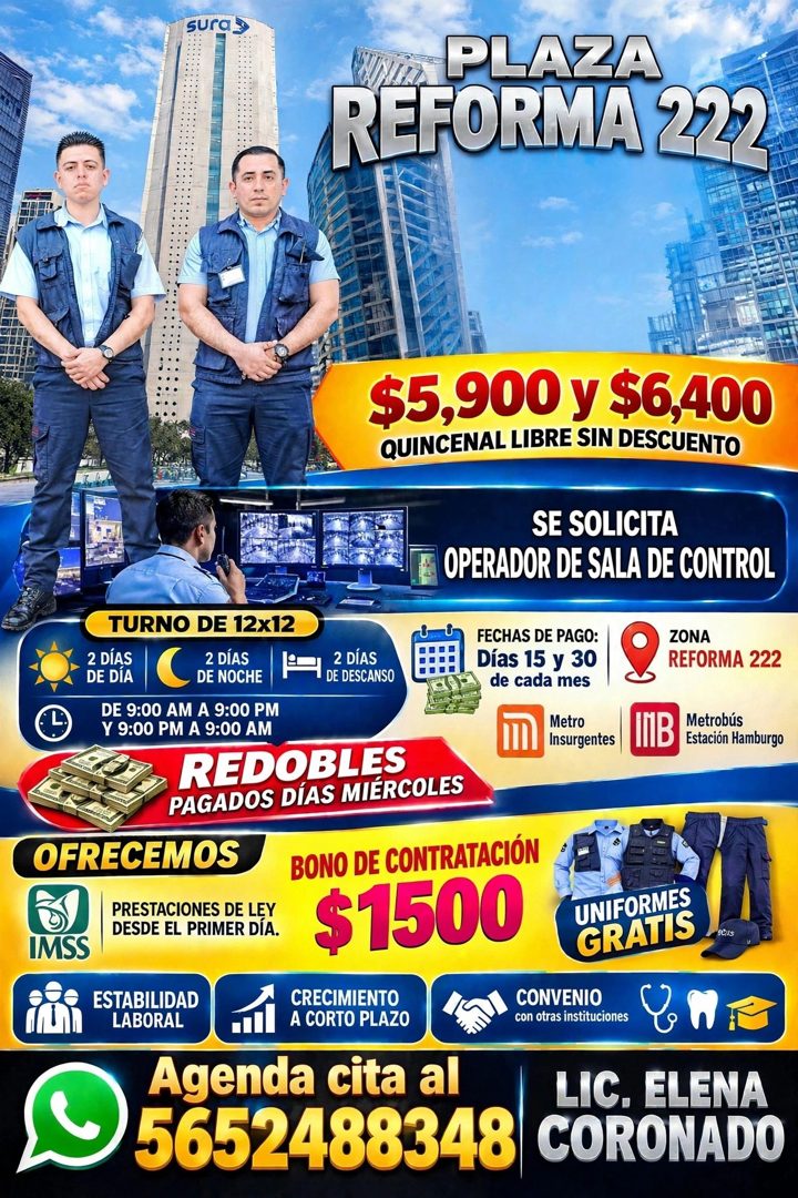 Banner del anuncio de la vacante: sura · PLAZA · REFORMA 2222 · $5,900 y $6,400 · QUINCENAL LIBRE SIN DESCUENTO · SE SOLICITA · OPERADOR DE SALA DE CONTROL · TURNO DE 12x12 ·