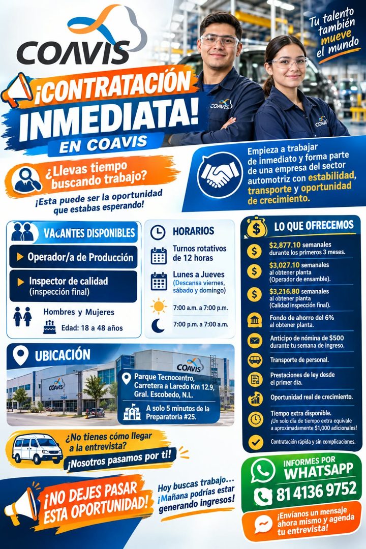 Banner del anuncio de la vacante: COAVIS · ¡CONTRATACIÓN: · INMEDIATA! · COAVSS · EN COAVIS · ¿Llevas tiempo · buscando trabajo? · ¡Esta puede ser la oportunidad · que estaba